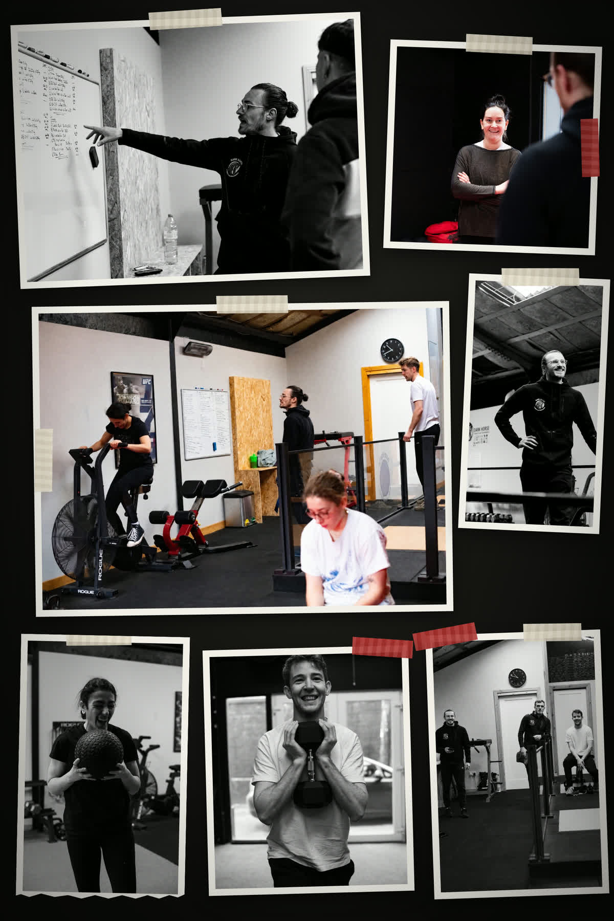 Scrapbook of real Dark Horse photos: members and coaches mid-session at the gym in Bray.